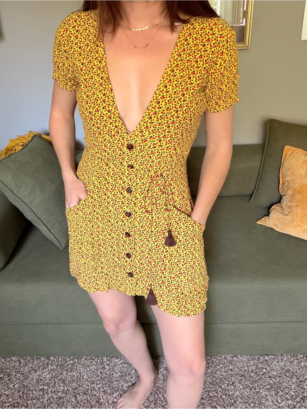 Faithfull the Brand Yellow Floral V‑Neck Button Mini Dress